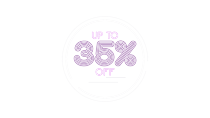 Up to 35% off neon sign text inside a circle frame. Modern purple glowing banner for advertising, promotions, and sales. Thirty-five percent discount graphic design for retail and marketing.