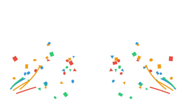 Colorful confetti explosion with geometric shapes and streamers for parties and celebrations. Festive overlay element for birthdays, holidays, and anniversaries. Isolated on a transparent background.