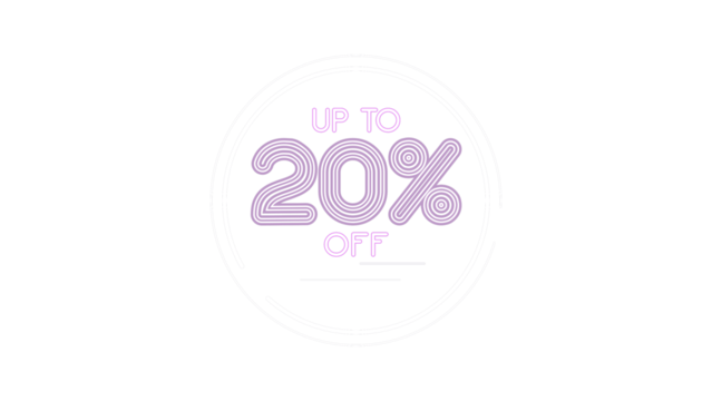 Up to 20 percent off neon sign style graphic. Glowing purple text inside a white circular frame for promotions, sales, and special offers. Isolated element with transparent background.