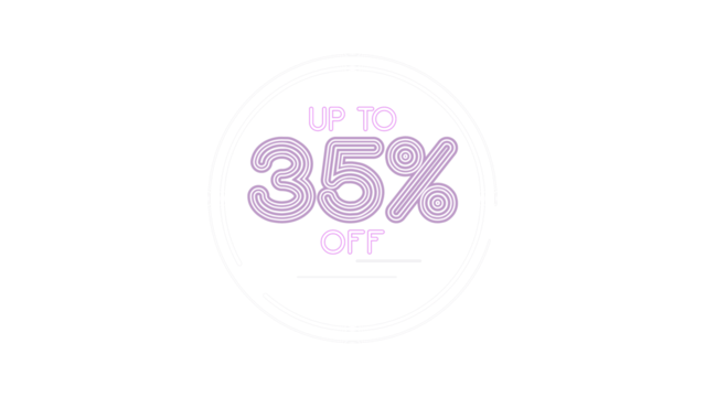 Up to 35% off neon sign text inside a circle frame. Modern purple glowing banner for advertising, promotions, and sales. Thirty-five percent discount graphic design for retail and marketing.