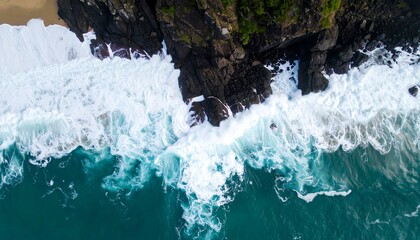 Powerful ocean waves crash against a rugged volcanic coastline, showcasing the raw beauty of nature's forces.