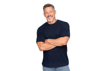 Fototapeta premium Cheerful mature man with a grey beard, Smiling confidently with his arms crossed, isolated on white background