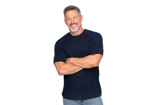 Cheerful mature man with a grey beard, Smiling confidently with his arms crossed, isolated on white background