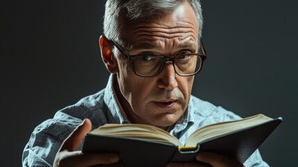 A distinguished senior man with glasses, wearing a blazer and a sweater, reading a book with a thoughtful and focused expression.