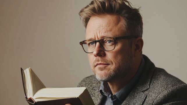 A distinguished senior man with glasses, wearing a blazer and a sweater, reading a book with a thoughtful and focused expression.
