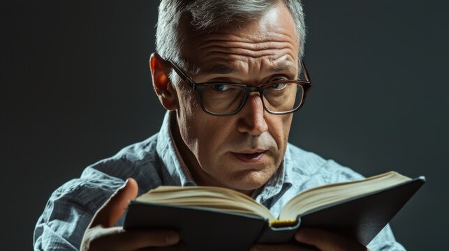 A distinguished senior man with glasses, wearing a blazer and a sweater, reading a book with a thoughtful and focused expression. - Powered by Adobe