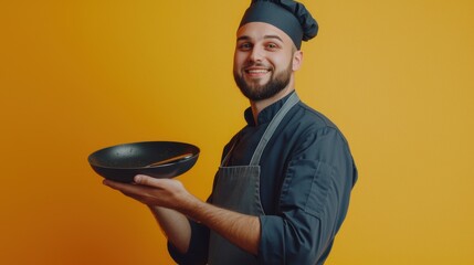 A professional male chef wearing an apron, holding a pan with a confident and professional expression.