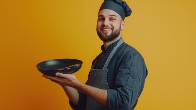A professional male chef wearing an apron, holding a pan with a confident and professional expression.