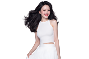 Studio shot of a beautiful young woman with long, dark, windswept hair, wearing a stylish white top and skirt, smiling at camera