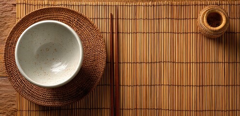 Overhead shot of a minimalist dining setup. A ceramic bowl rests on a woven mat, chopsticks beside, and a small container on bamboo