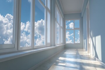 Fototapeta premium Casement Windows. Sunny Afternoon View through Large Wall of Windows