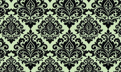 seamless damask pattern,Elegant Black Damask Pattern on Light Green Background for Textile or Wallpaper