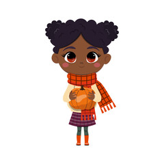 A black cute smiley girl wearing a scarf, skirt and wellington boots is holding a pumpkin. Cozy flat cartoon thanksgiving character illustration. Cheerful and festive mood.