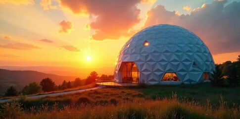 Majestic Geodesic Dome at Sunset Long Shadows Across a Serene Landscape, Perfect for Architectural, Travel, and Nature Projects