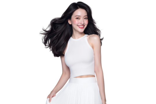 Studio shot of a beautiful young woman with long, dark, windswept hair, wearing a stylish white top and skirt, smiling at camera