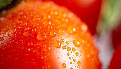 Close-up view of a fresh tomato covered in water droplets, highlighting the vibrant red hue and the texture of the skin.
