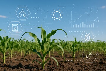Young green corn plants growing in a field with digital agriculture icons overhead