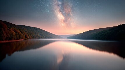 Fototapeta premium Starry night sky casts reflection in calm lake surrounded by serene mountains at twilight