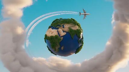 Naklejka premium A cartoon earth with an airplane flying around it in a blue sky