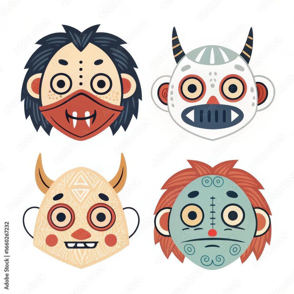 Poster a collection of four stylized tribal masks with unique designs and distinct color palettes displayed