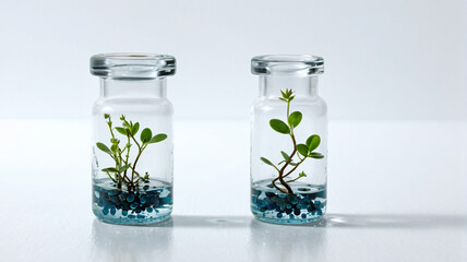 Overhead macro of a clear glass vial with germinating seeds, root hairs and cotyledons visible, clean laboratory style