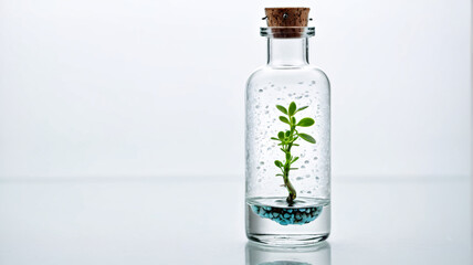 Overhead macro of a clear glass vial with germinating seeds, root hairs and cotyledons visible, clean laboratory style
