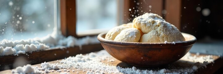Rustic Bowl of Fresh Dough on Snowy Windowsill, bathed in Warm Sunlight.  A cozy winter scene perfect for baking blogs, food websites, and holiday recipes.