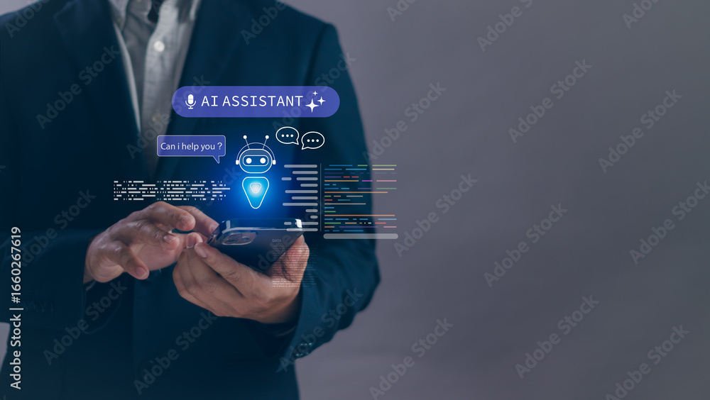 Poster concept of ai assistant and chatbot technology with virtual interface, man hold mobile phone show us