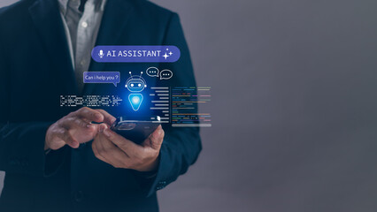 Concept of AI assistant and chatbot technology with virtual interface, man hold mobile phone show...