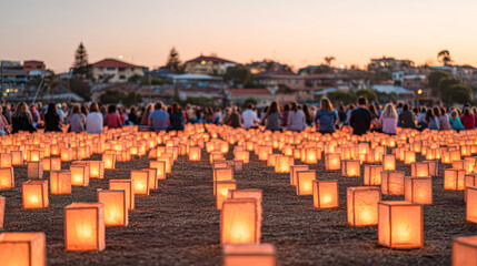 Obraz premium A serene outdoor setting filled with glowing lanterns, as a crowd gathers at dusk, creating a warm and inviting atmosphere.