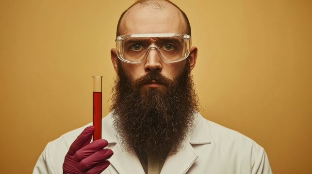 A professional male scientist with a beard, wearing a lab coat and safety glasses, holding a test tube with a serious and focused expression.