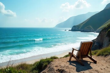 Fototapeta premium A solitary seat overlooks a vast, tranquil ocean; waves gently lap the shore, creating a serene and peaceful atmosphere Perfect for travel, relaxation, and coastal themes , sea, summer