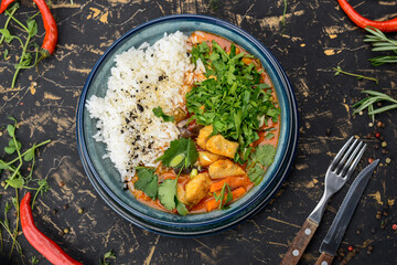Korean dish with rice and chicken and herbs in a blue plate
