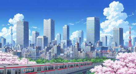 Beautiful tokyo cityscape skyline with skyscrapers urban buildings blue sky daytime anime art high detail wallpaper. Generative AI.