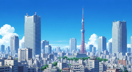 Obraz premium Beautiful tokyo cityscape skyline with skyscrapers urban buildings blue sky daytime anime art high detail wallpaper. Generative AI.