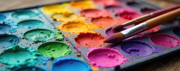 Obraz premium Vibrant Artists Palette with Acrylic Paints and Brushes Ready for Creative Inspiration
