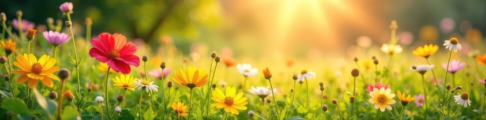 Fototapeta premium Vibrant Summer Meadow Wildflowers Bathed in Warm Sunlight, Evoking Hope and Tranquility