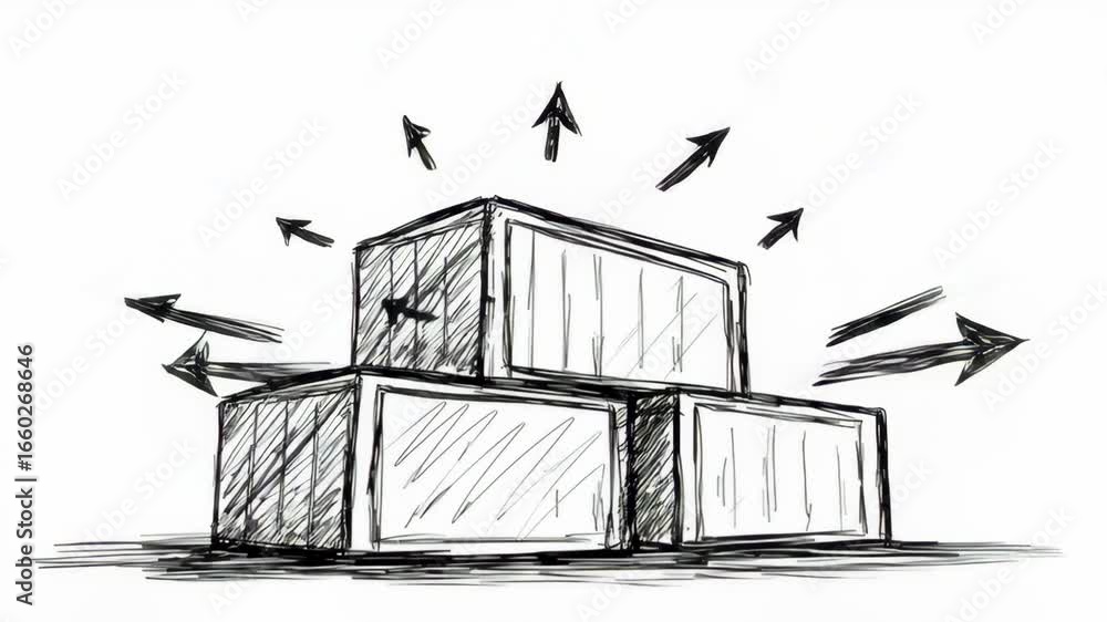 Poster abstract sketch of stacked boxes with arrows symbolizing movement and logistics challenges