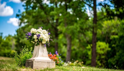 A serene floral arrangement on a light gray monument, bathed in the soft light of a sunny day, sits amidst lush greenery.