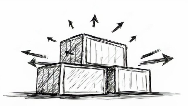 Abstract Sketch of Stacked Boxes with Arrows Symbolizing Movement and Logistics Challenges