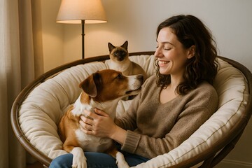 Evening Companions: Dog & Cat Relaxing with Owner in Cozy Chair