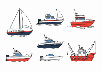 Hand-Drawn Collection of Various Boats and Marine Vessels, Including Sailboats, Motorboats, and Fishing Boats, Illustrated in a Simple Doodle Style.