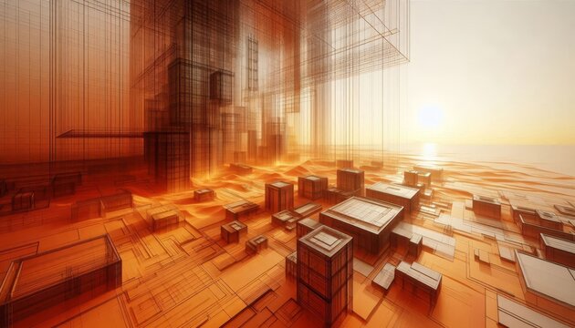 Futuristic cityscape emerging from orange desert at sunset - Powered by Adobe