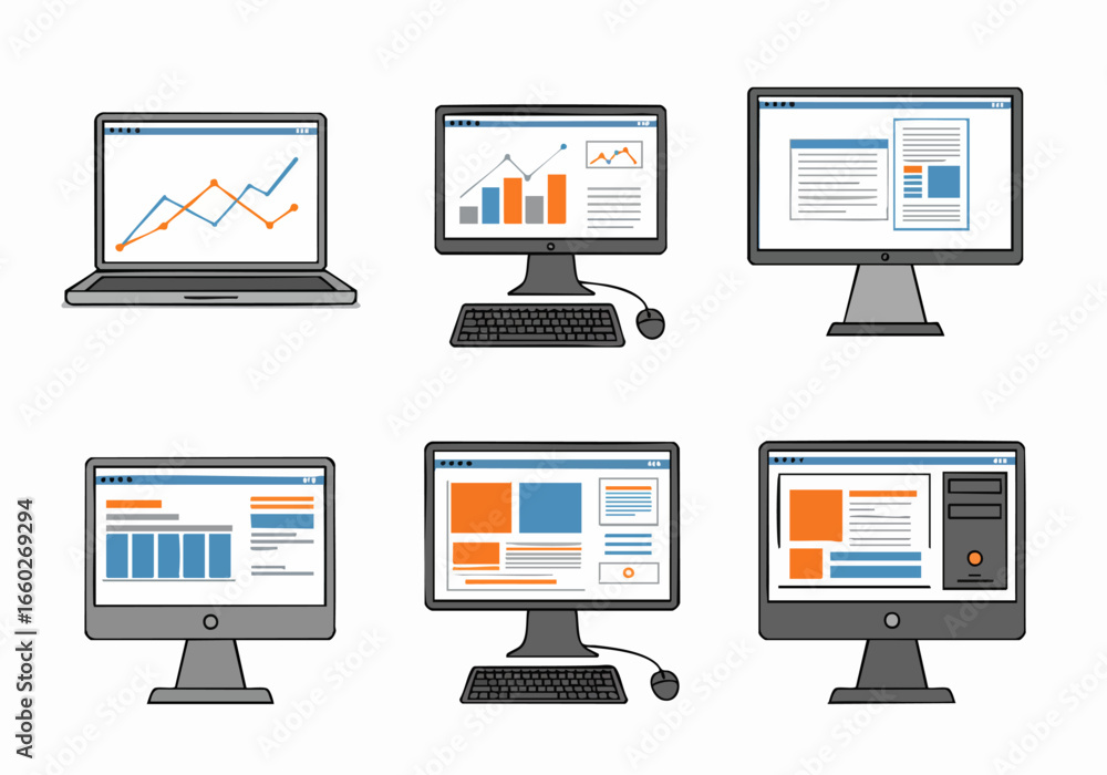 Fototapete digital workspace concept with various screen displays showing analytics, reports, and web pages in 
