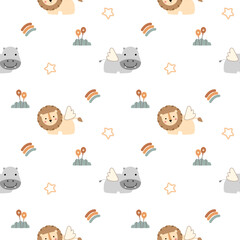 Hippopotamus and lion fly on the sky cartoon so cute. On rainbow cloud balloon star background. Pattern seamless vector illustration. 
