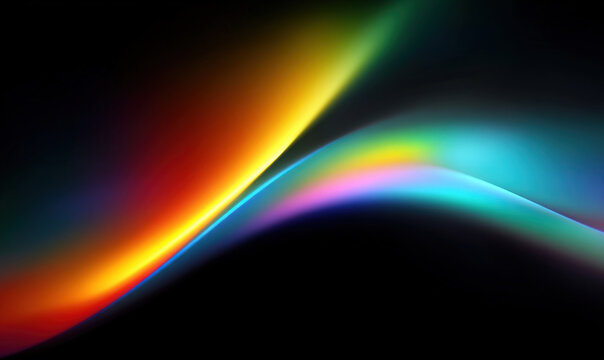 Smooth, flowing curves of vibrant rainbow colors sweep across a black background, creating a dynamic and futuristic abstract visual