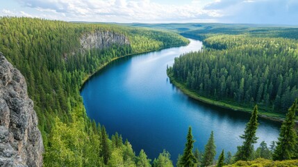 A beautiful aerial view of a serene blue lake and a winding river flowing through a dense green forest with a cliff in the background.