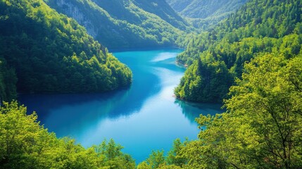 An aerial view of a winding river flowing through a vibrant green forest landscape, with a serene blue lake in the background.