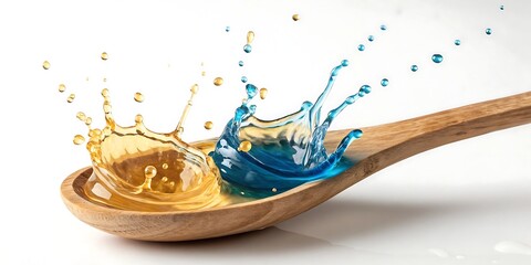 Yellow and Blue Liquid Splashing on a Wooden Spoon on White fluid motion