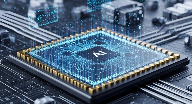 AI-powered digital processor chip

Futuristic semiconductor technology

Artificial intelligence computing hardware